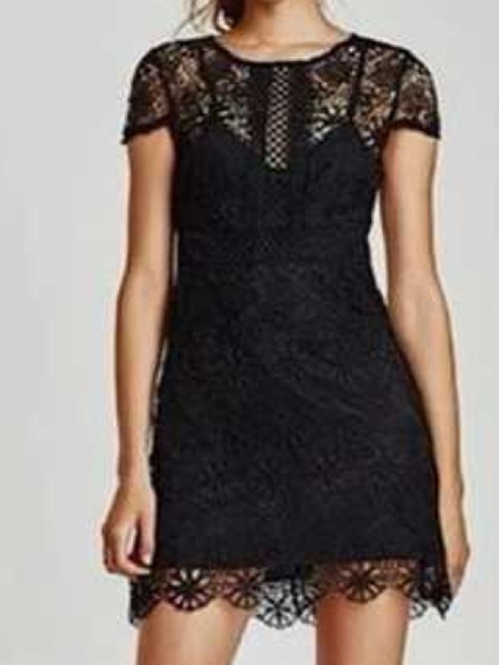 Zara Basic Black Floral Lace Short Sleeve Mini Dress